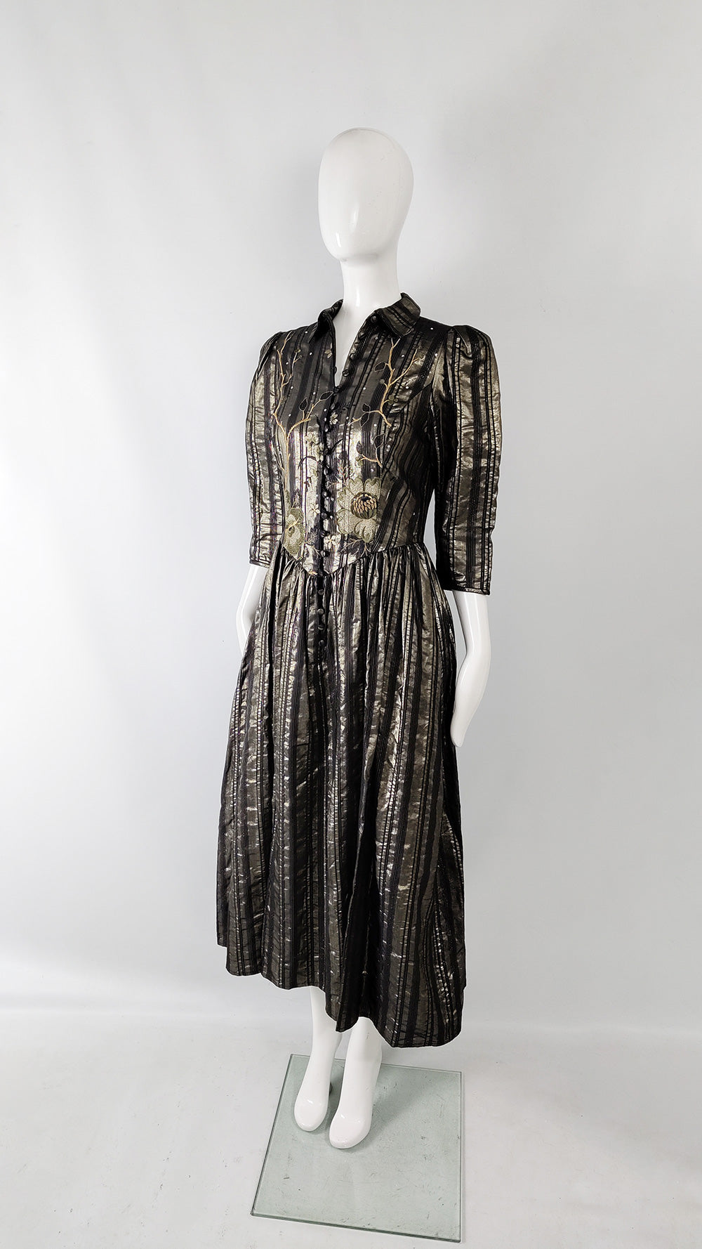 Caroline Charles Vintage Dark Gold Beaded Evening Dress, 1980s