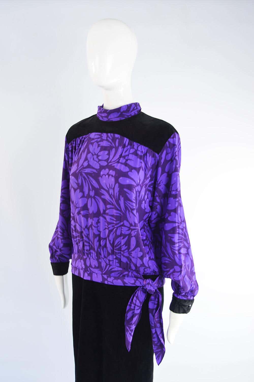 Guy Laroche Vintage Purple Jacquard & Black Velvet Dress, 1980s