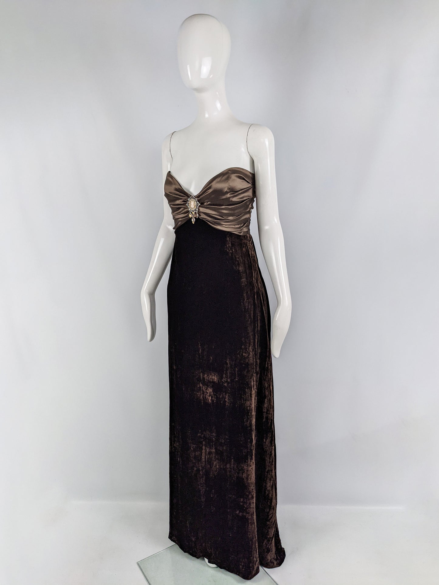 Vintage Brown Velvet & Satin Cameo Evening Dress, 1990s