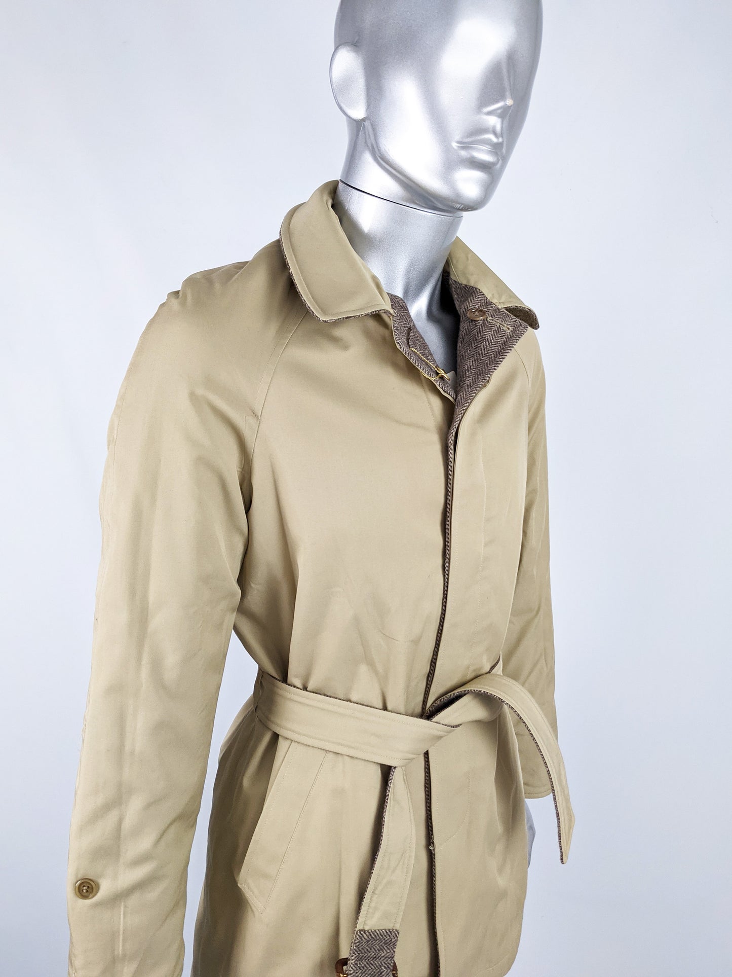 Mens Vintage Italian Reversible Brown Tweed & Gabardine Coat, 1970s