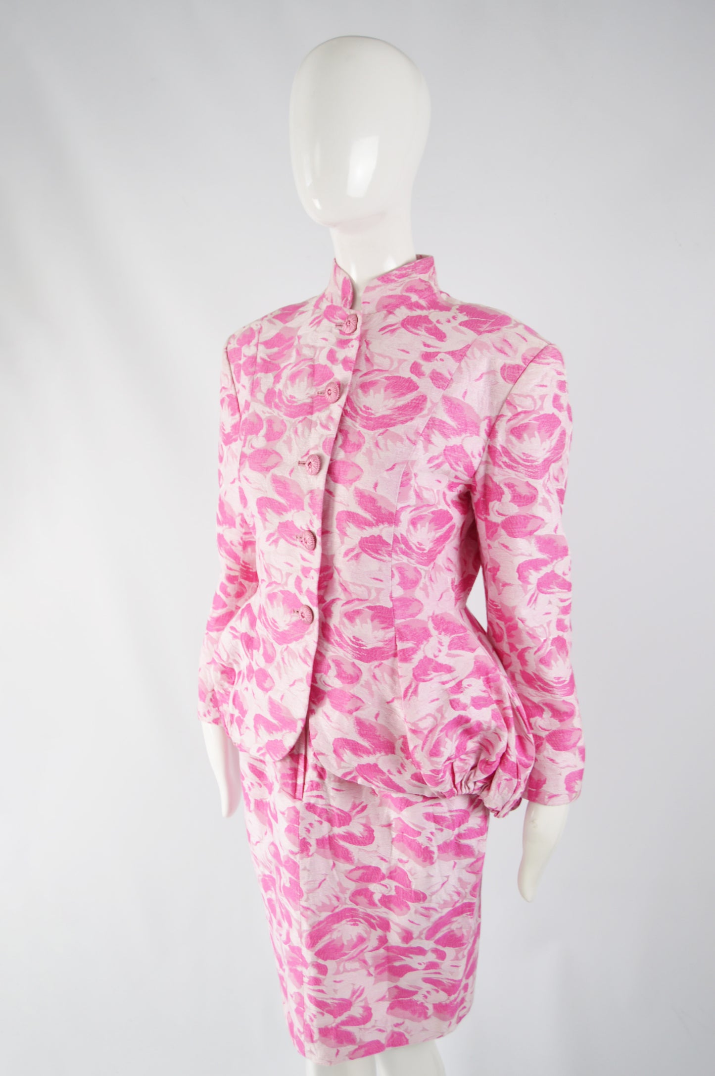 Vintage Womens Pink Floral Bustle Skirt Suit, 1980s