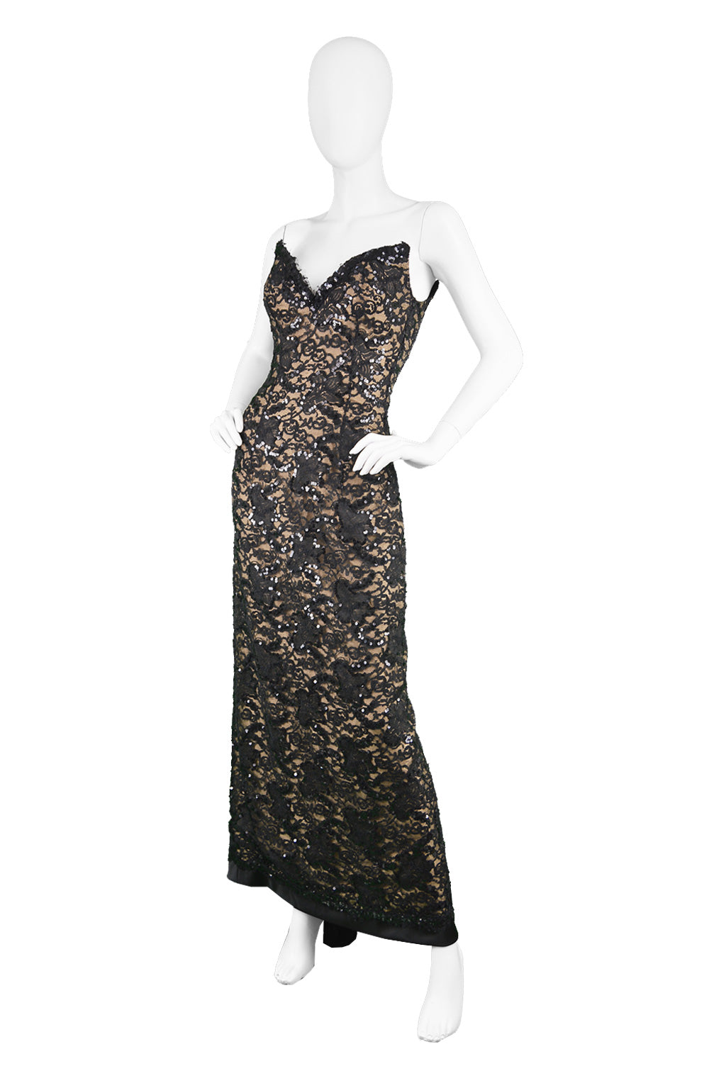Vintage Nude & Black Lace Evening Gown, 1990s