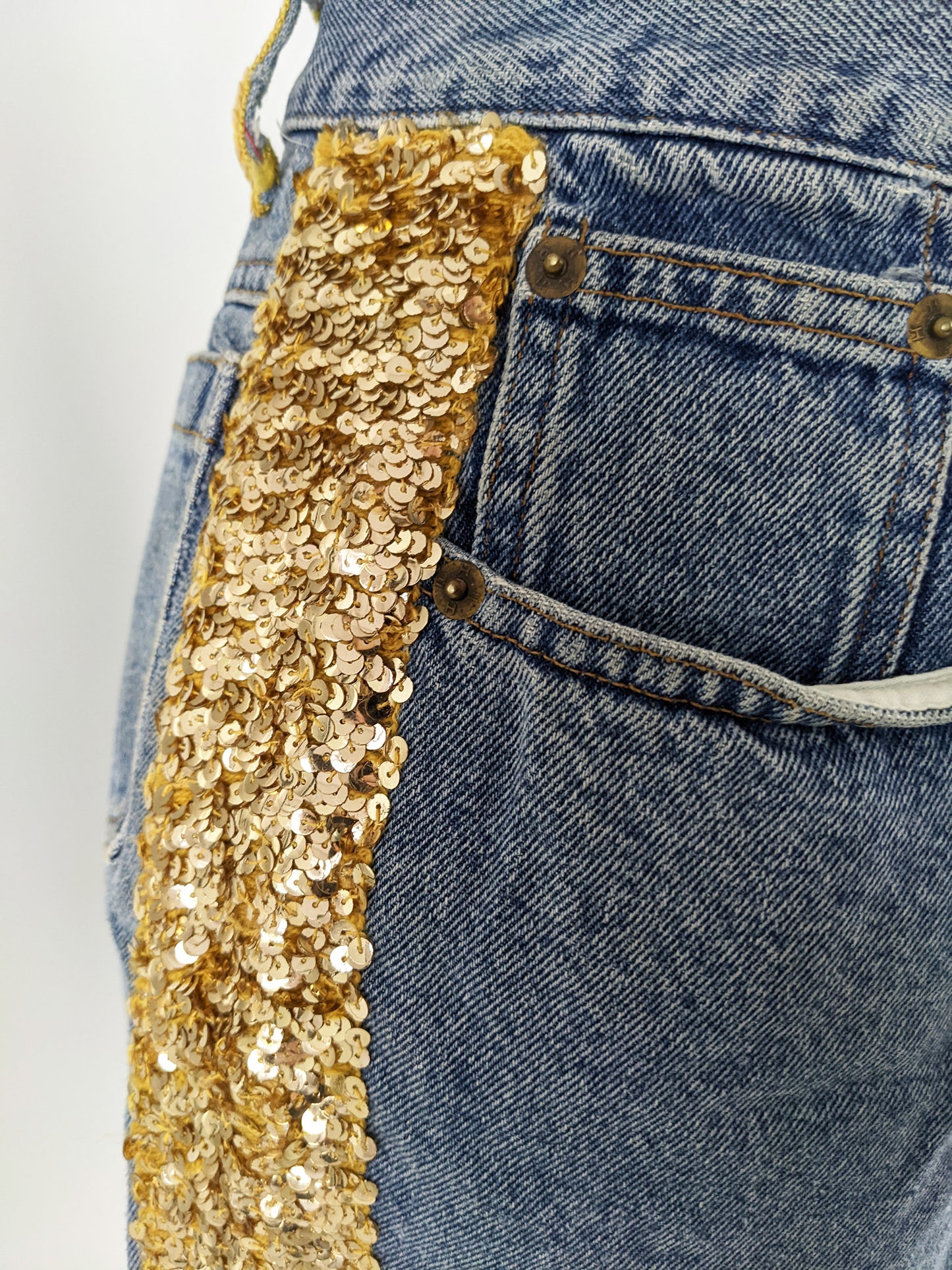 Katharine Hamnett Vintage Blue Denim & Gold Sequin Skirt, 1980s