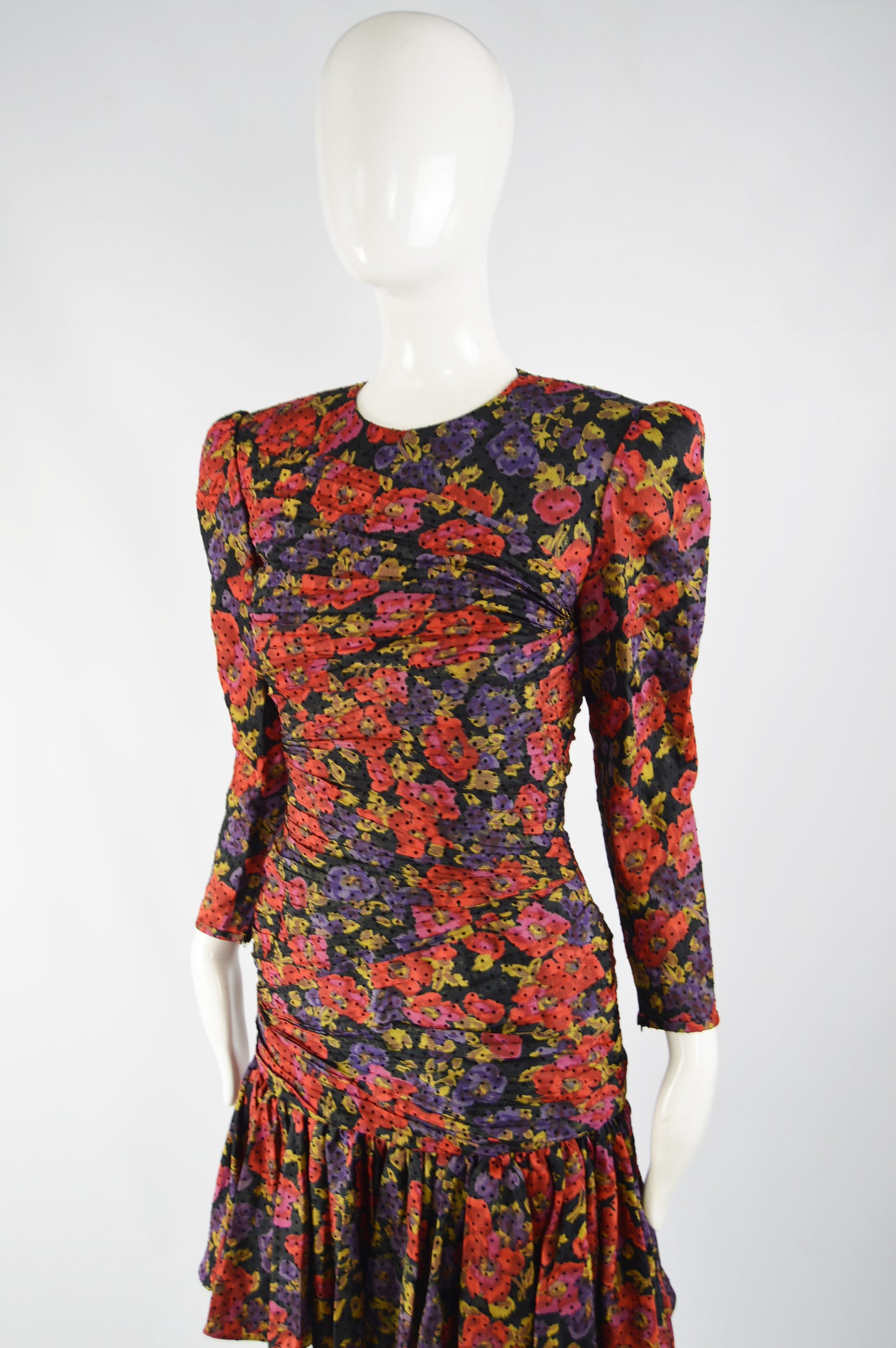 Vintage Ruched Silk Floral Evening Dress, 1980s