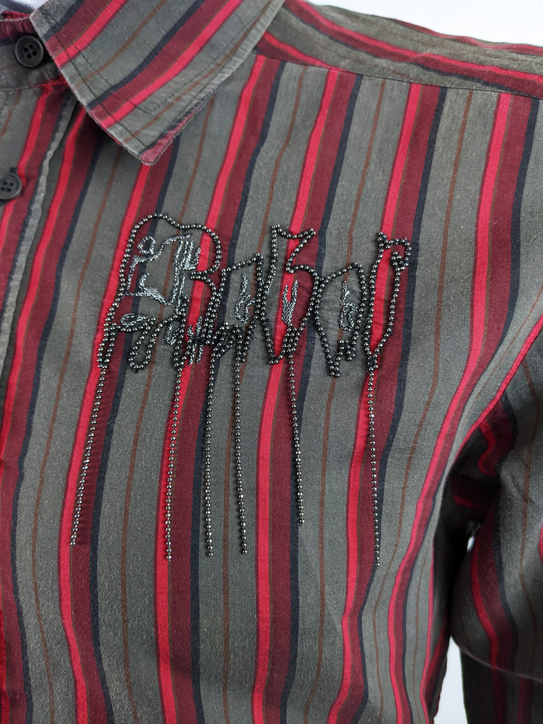 Versace Vintage Mens Red Beaded 'Rebel' Long Sleeve Shirt, 1990s