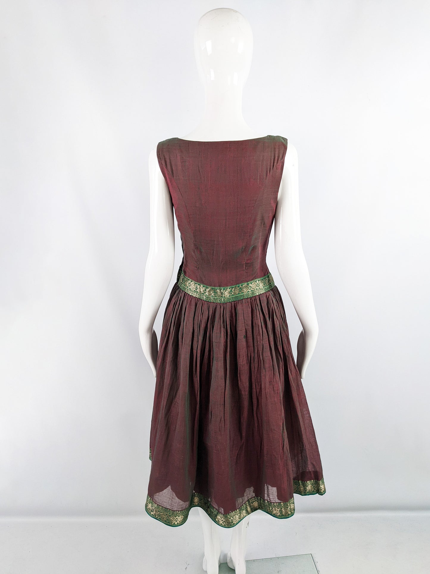 Vintage 1950s Asian Iridescent Brocade Trim Dress