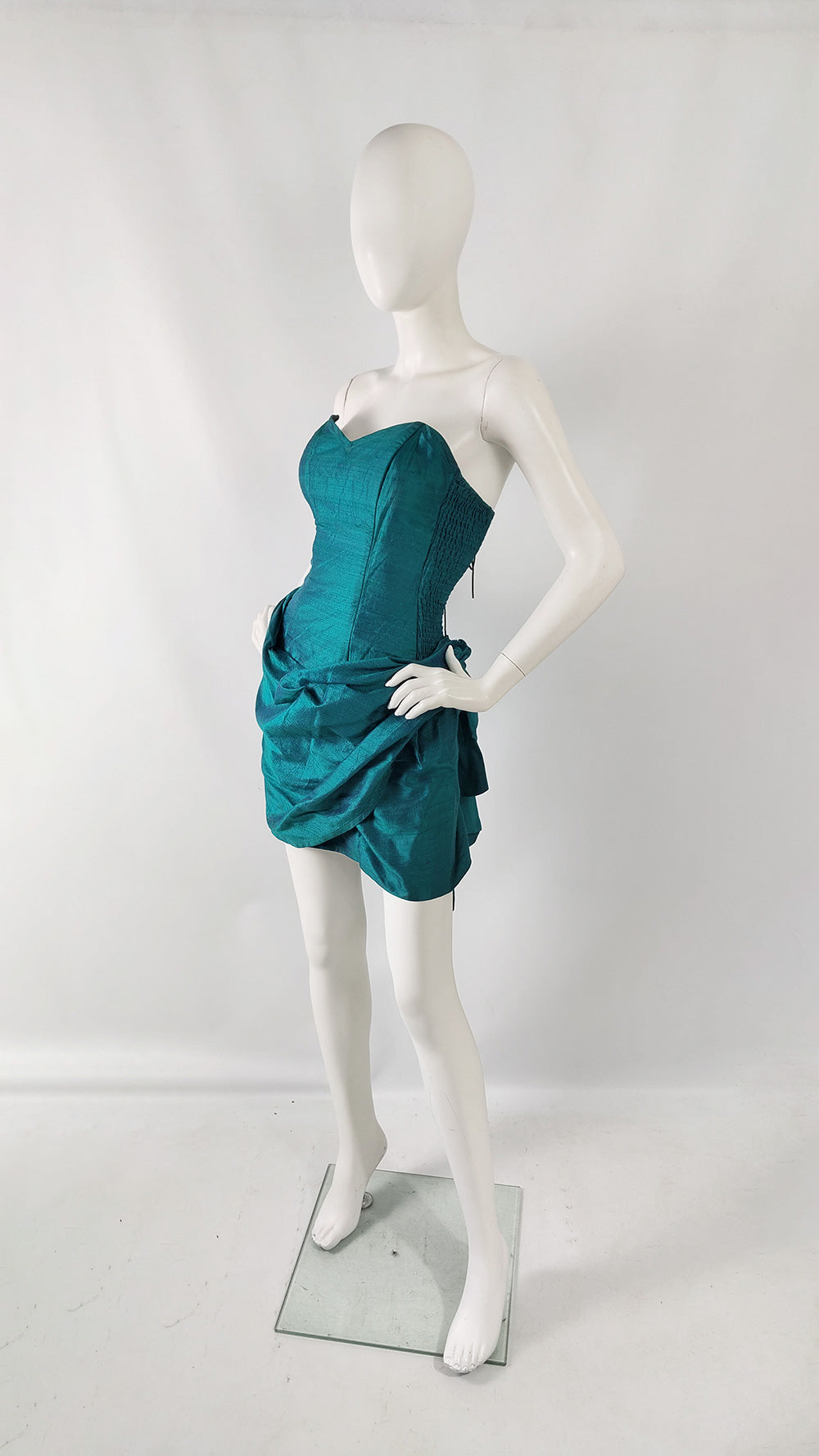 Sarah Whitworth Vintage 80s Teal Silk Boned Corset Dress, 1980s