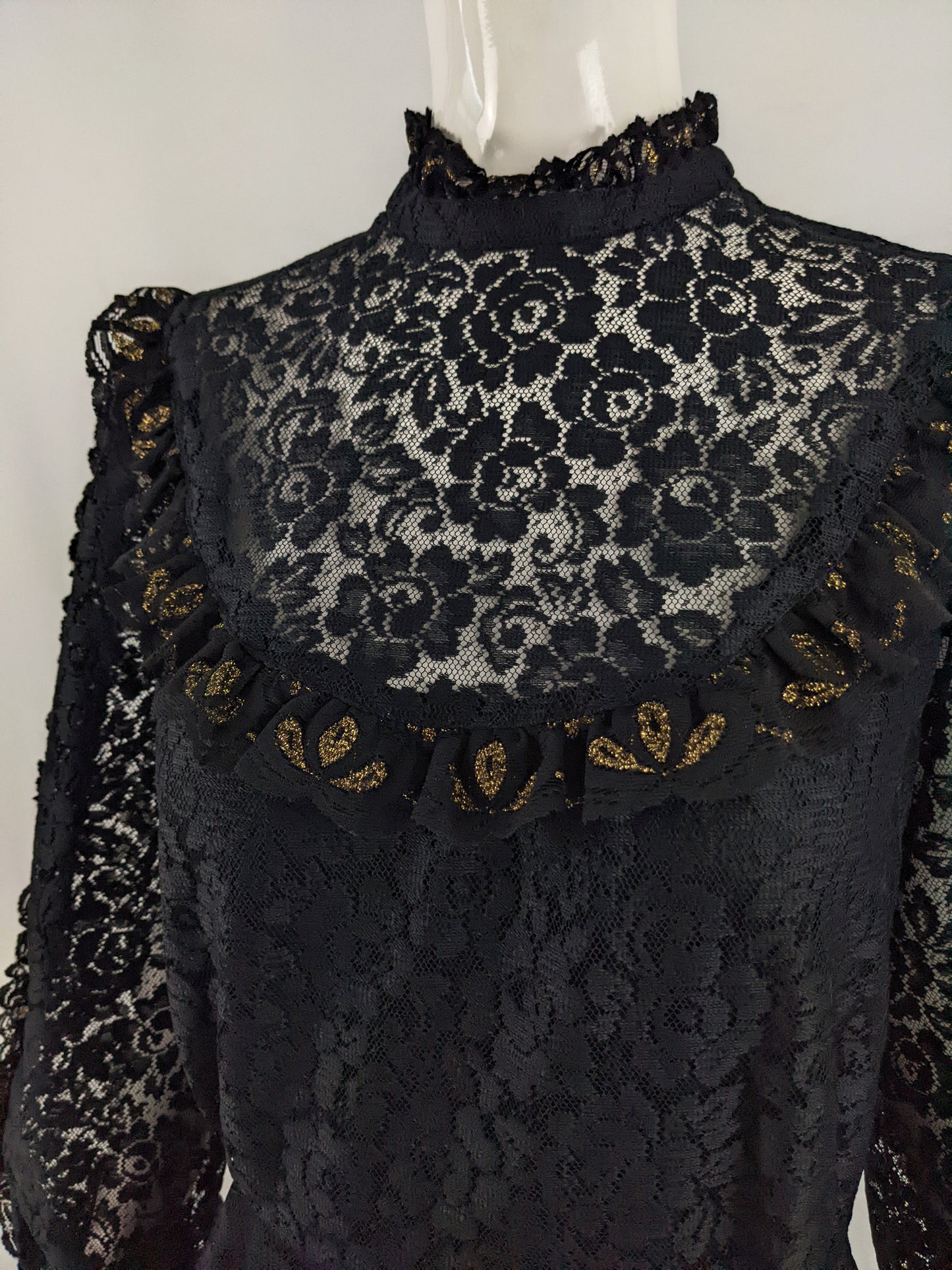 Vintage Black & Gold Lace Victorian Evening Dress, 1980s