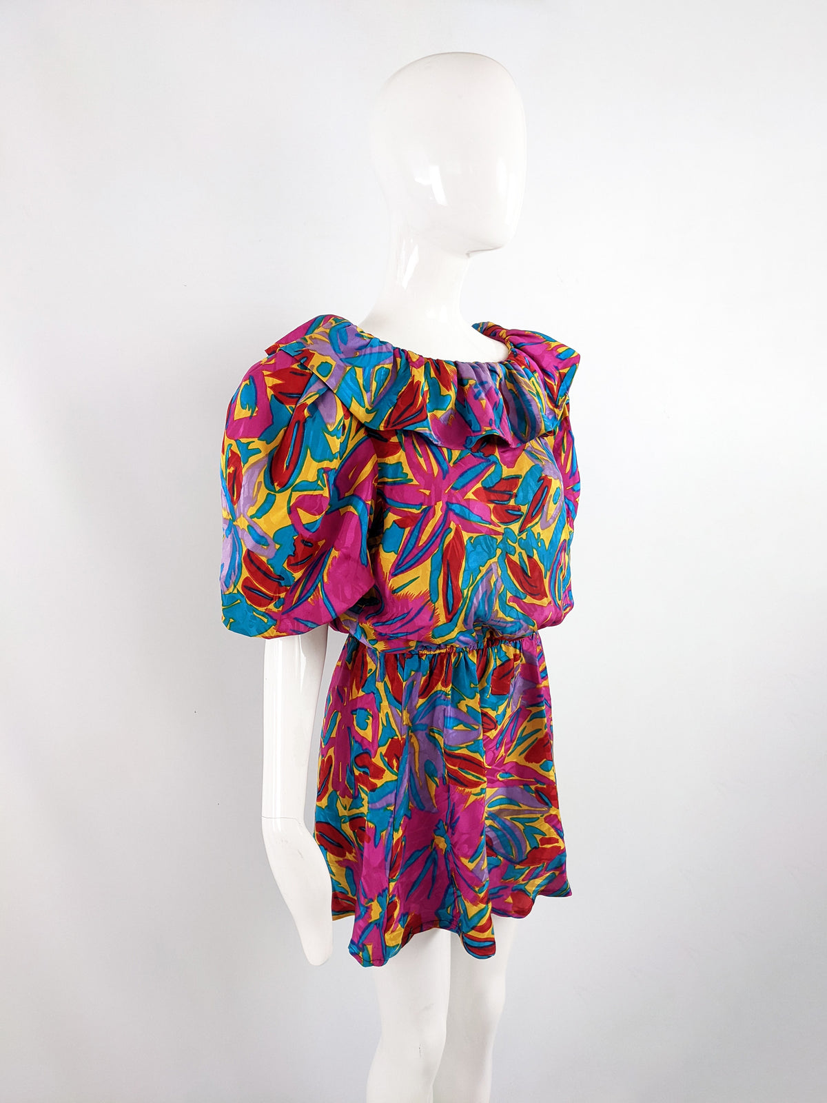 Flora Kung Vintage Bright Mini Silk Puff Sleeve Dress, 1980s