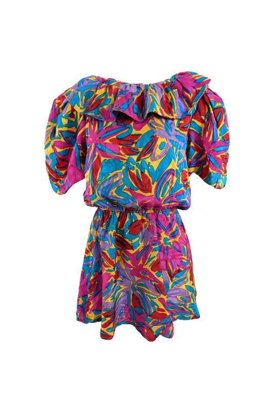 Flora Kung Vintage Bright Mini Silk Puff Sleeve Dress, 1980s