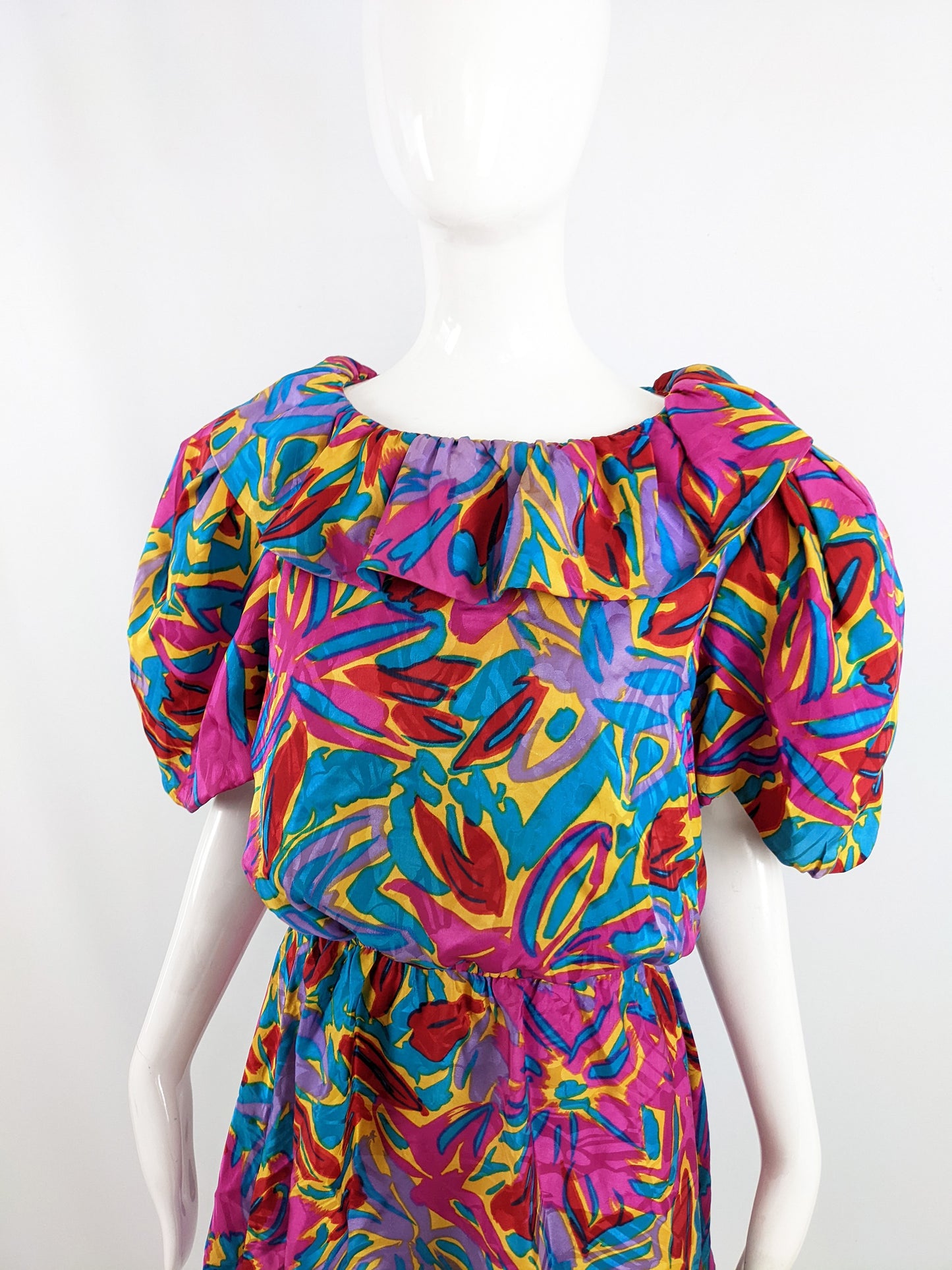 Flora Kung Vintage Bright Mini Silk Puff Sleeve Dress, 1980s