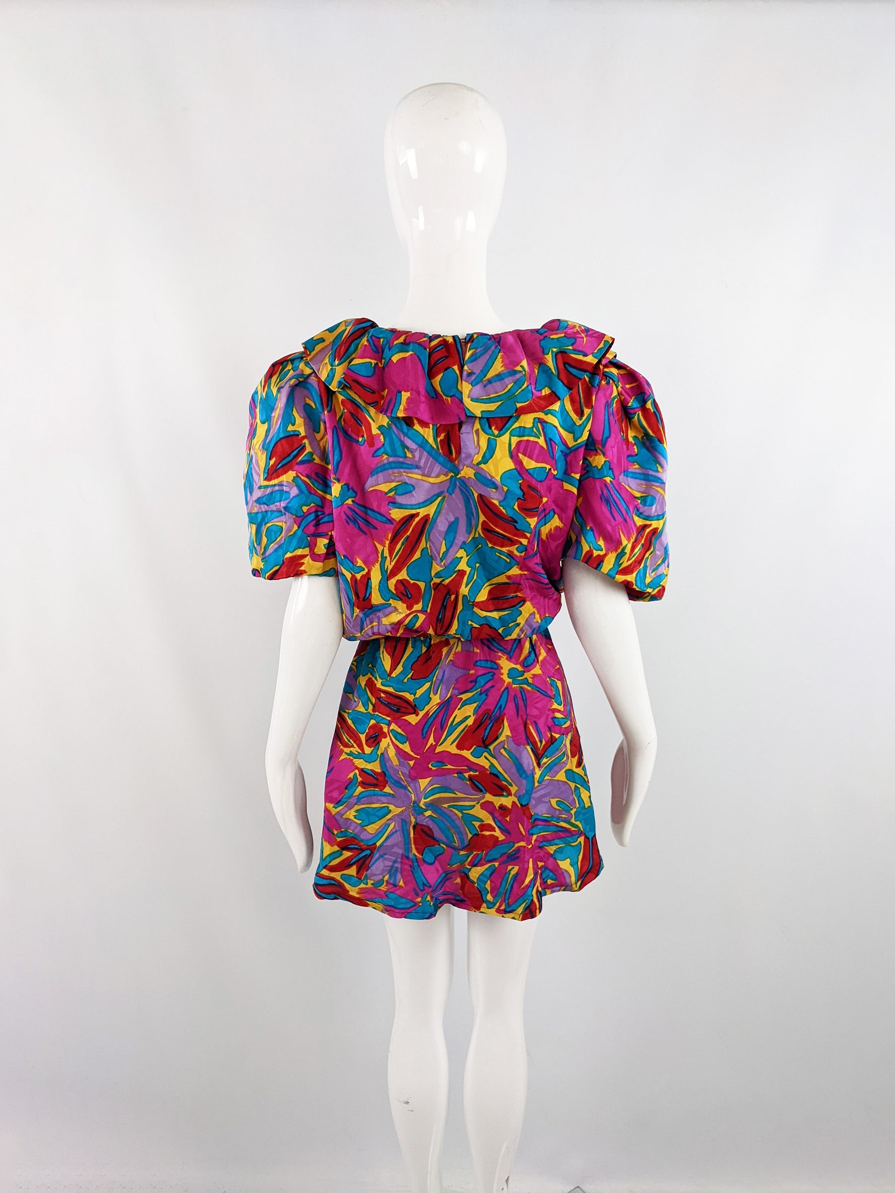 Flora Kung Vintage Bright Mini Silk Puff Sleeve Dress, 1980s