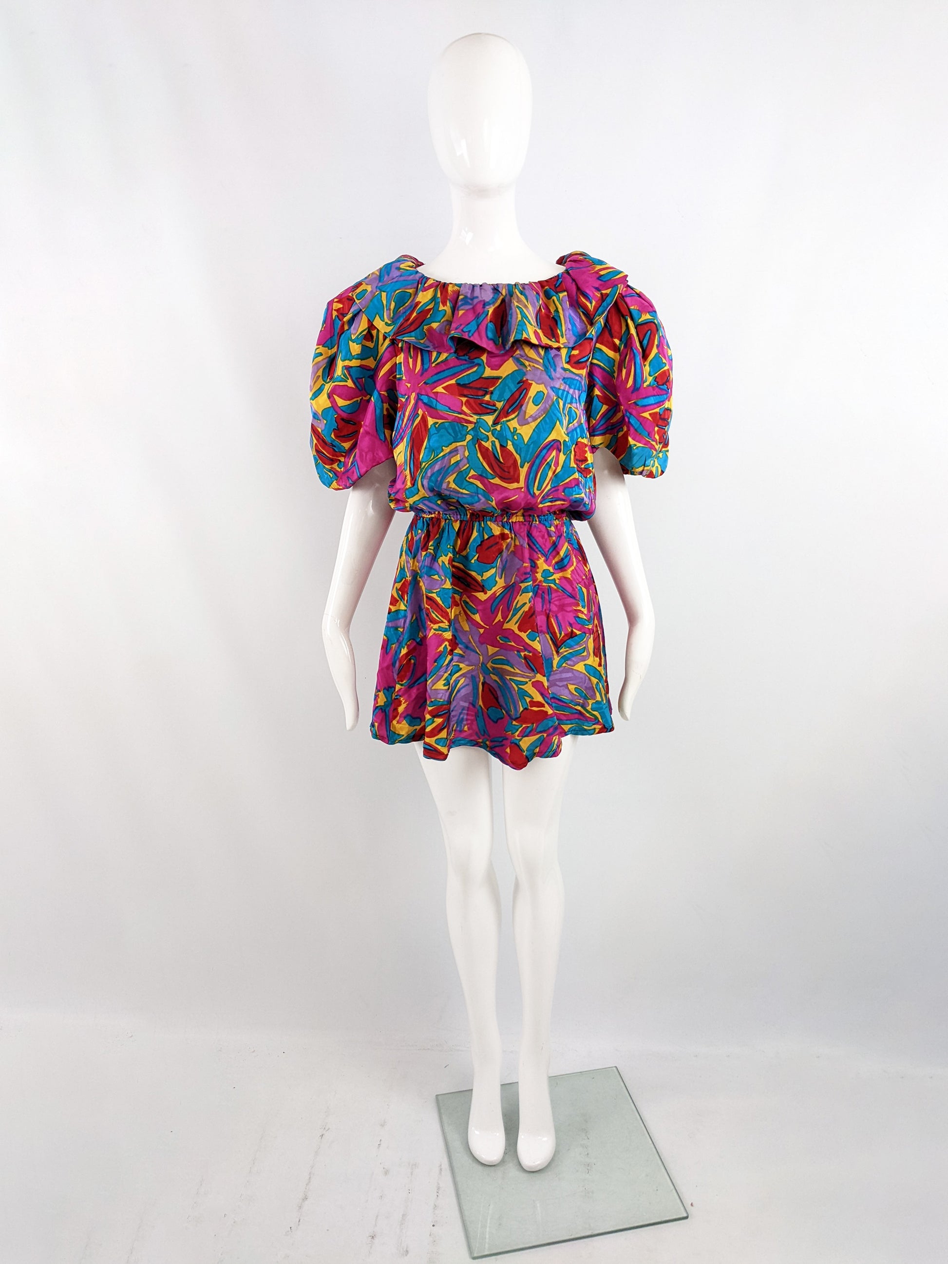 Flora Kung Vintage Bright Mini Silk Puff Sleeve Dress, 1980s
