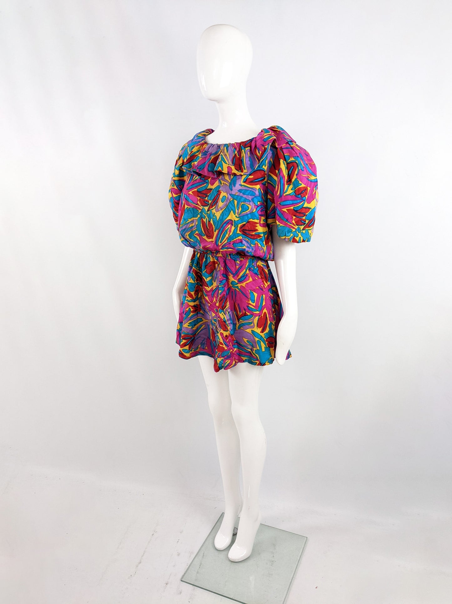 Flora Kung Vintage Bright Mini Silk Puff Sleeve Dress, 1980s