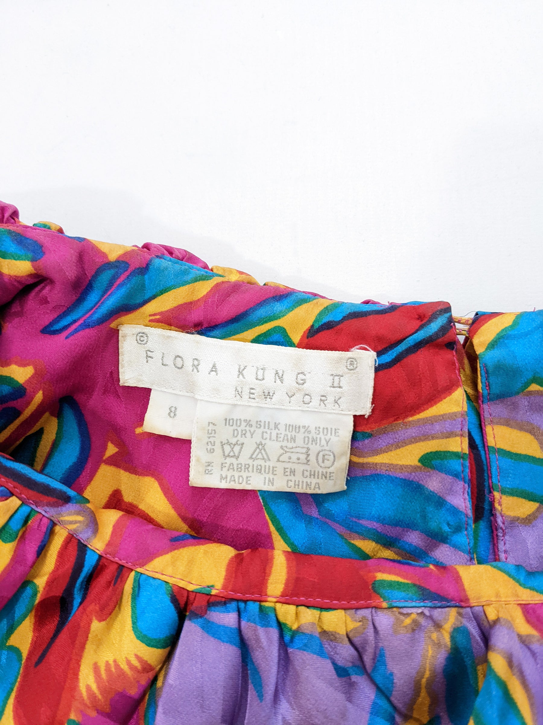 Flora Kung Vintage Bright Mini Silk Puff Sleeve Dress, 1980s