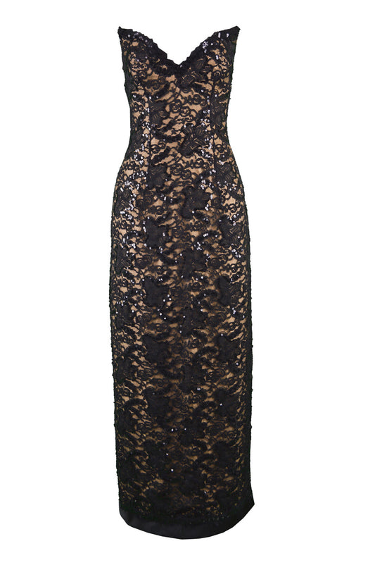 Vintage Nude & Black Lace Evening Gown, 1990s