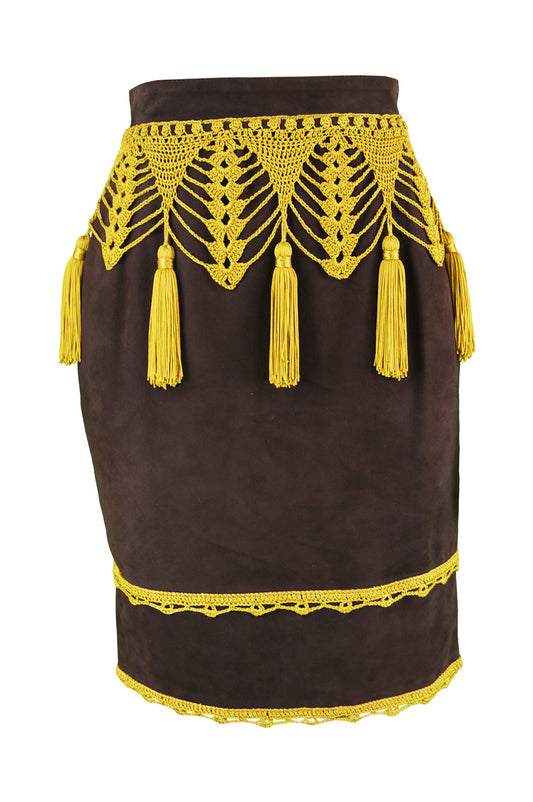 Preowned Brown Suede & Macramé Tassel Skirt, 1980s