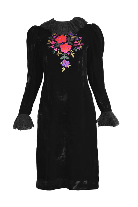 Vintage Embroidered Black Velvet & Lace Dress, 1980s