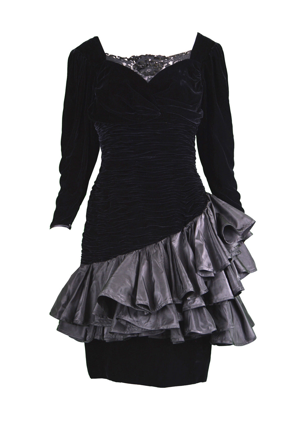 Vintage Draped Black Velvet & Taffeta Dress, 1980s