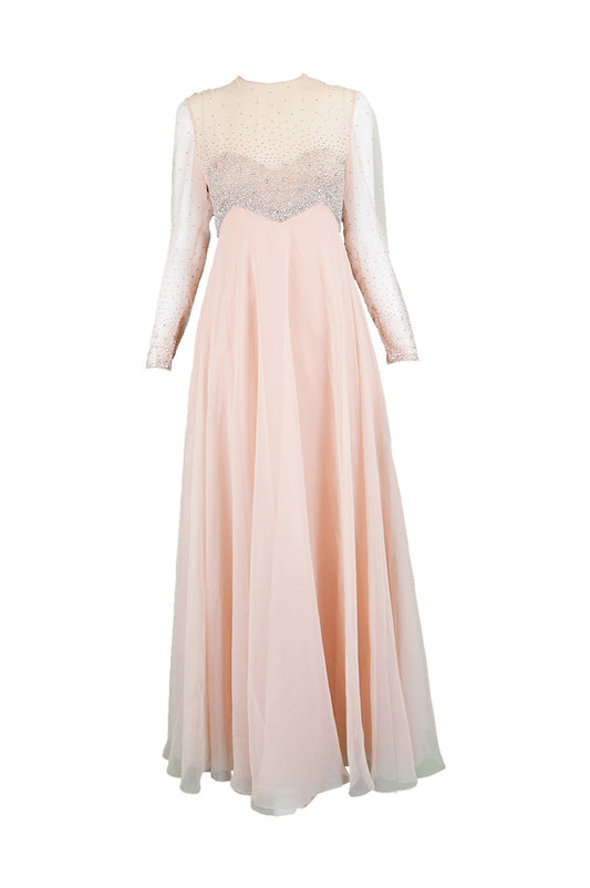 Peach Vintage Chiffon Beaded Evening Gown, 1960s