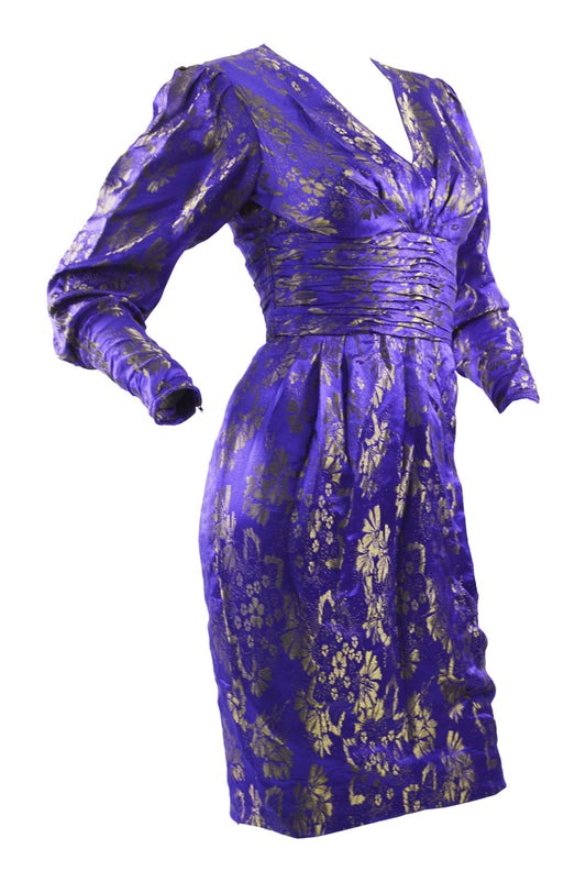 Preowned Blue & Gold Vintage Silk Party Dress, 1980s