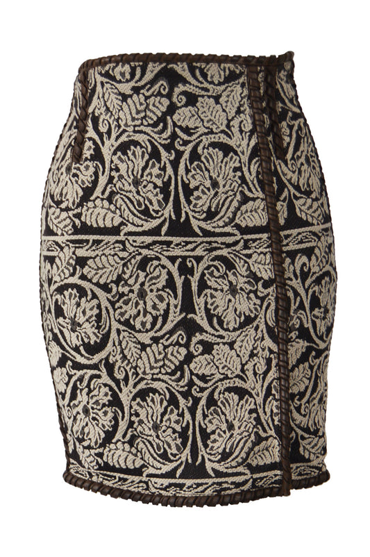 Vintage Womens Wool Tapestry & Leather Pencil Skirt, 1980s