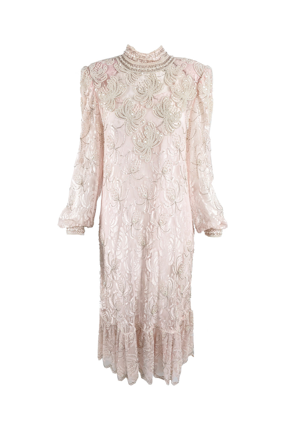 Vintage Sheer Pink Lace Faux Pearl Beaded Dress, 1980s