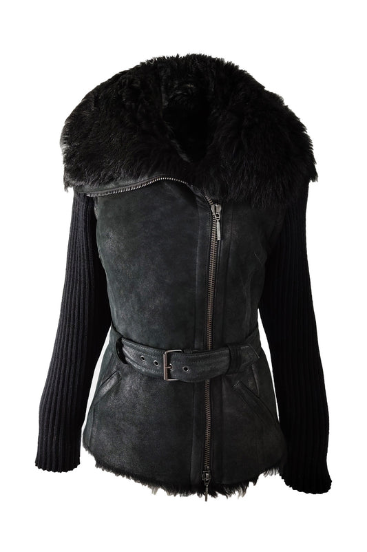 Plein Sud Vintage Black Shearling & Knit Moto Jacket, 1990s