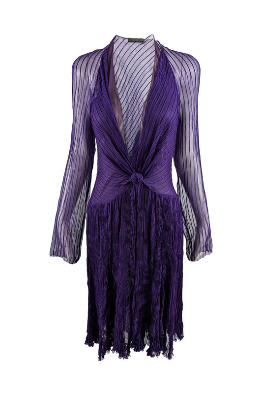 Vintage Purple Silk Chiffon Pintuck Pleat 2 Piece Dress, 2000s