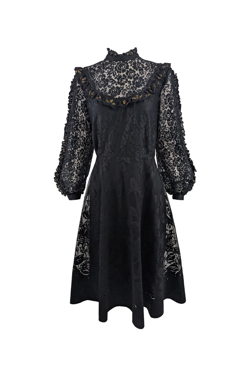 Vintage Black & Gold Lace Victorian Evening Dress, 1980s
