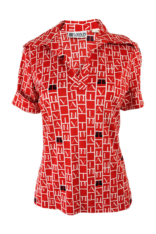 Lanvin Vintage Red All Over Logo Print Womens Shirt, 1970s