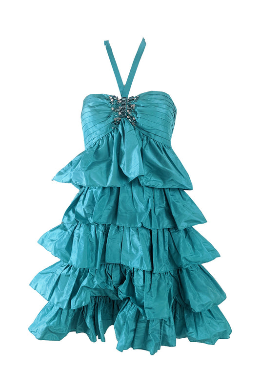 Blumarine Blugirl Vintage y2k Teal Silk Taffeta Ruffled Dress, 2000s