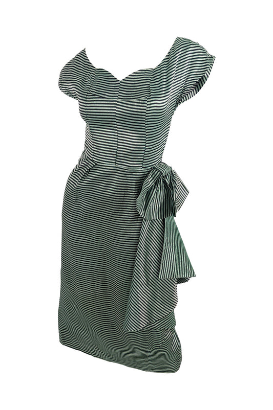Richard Grossmark Vintage 50s Green Lamé Striped Evening Dress, 1950s
