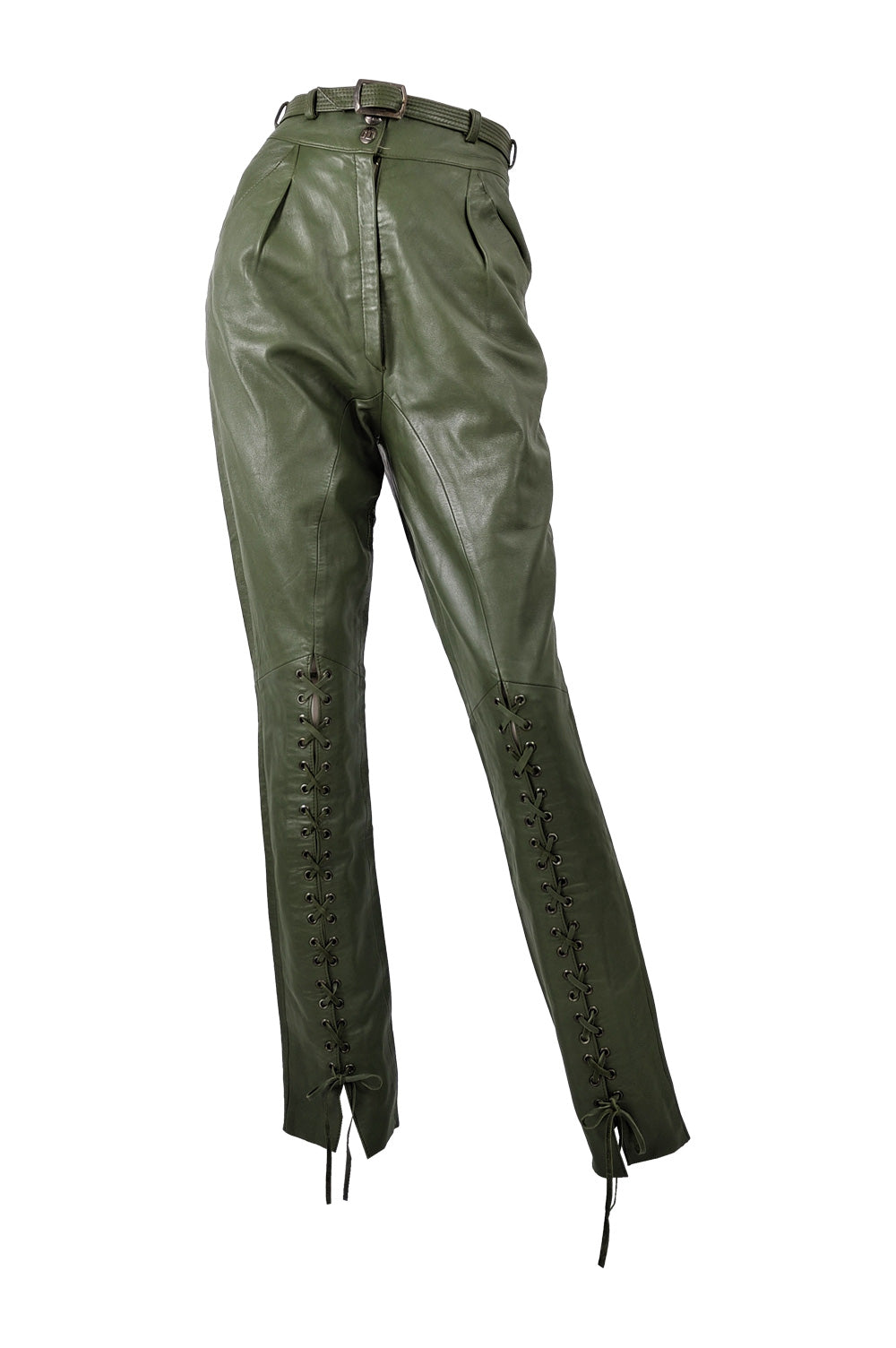 Christian Dior Vintage Green Real Leather High Waisted Trousers, 1980s