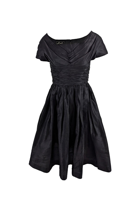 Koupy Model Couture Vintage 50s Black Silk Taffeta Dress, 1950s