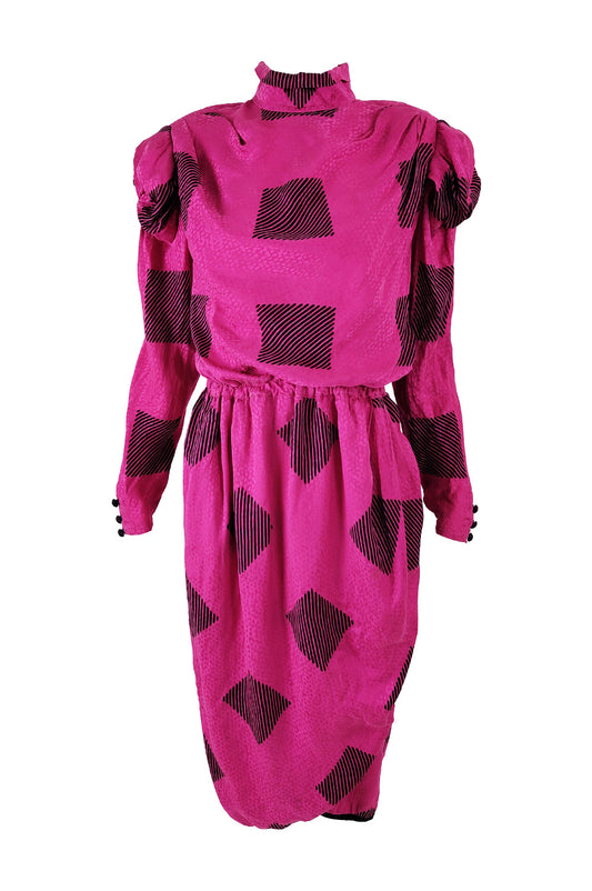 Robina Paris Vintage Fuchsia Silk Shoulder Pads Dress, 1980s