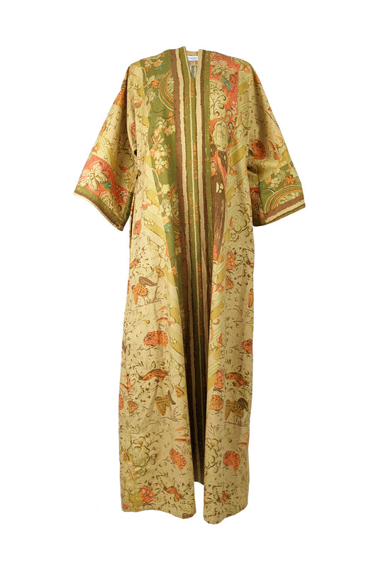 Vintage Hippie Oversized Crane Print Maxi Kaftan Dress, 1970s