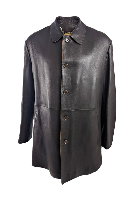 Donna Karan Vintage Mens Dark Brown Leather Coat, 1990s