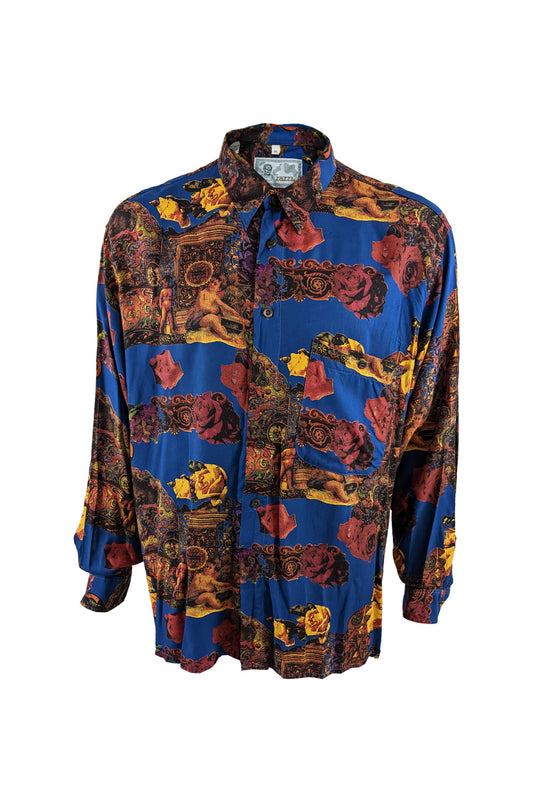 Zazzi Vintage Mens Blue Viscose Cherub Print Long Sleeve Shirt, 1980s