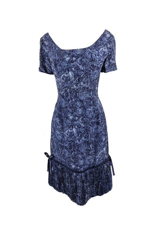 Vintage Blue Floral Wool Dress with Pleated Bubble Hem, 1950s