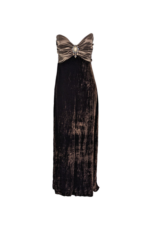 Vintage Brown Velvet & Satin Cameo Evening Dress, 1990s