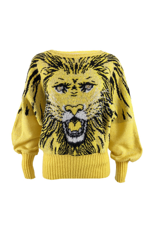 Vintage Yellow Mohair Wool & Acrylic Knit Lion Face Jumper, 1980s