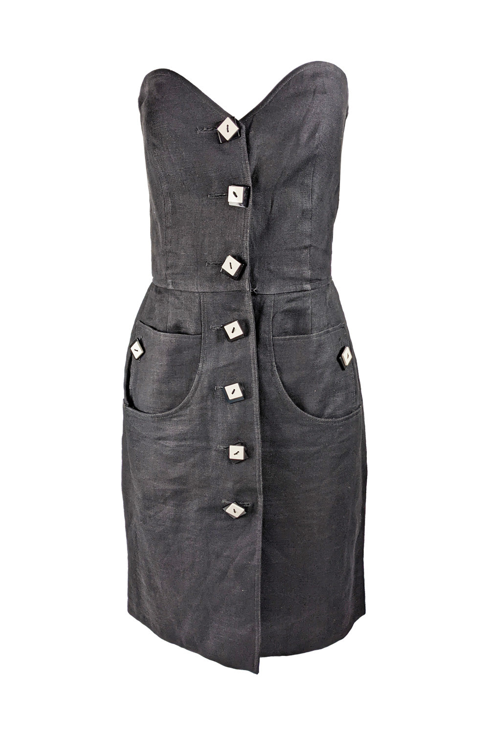 Valentino Vintage Black Linen Strapless Party Dress, 1980s
