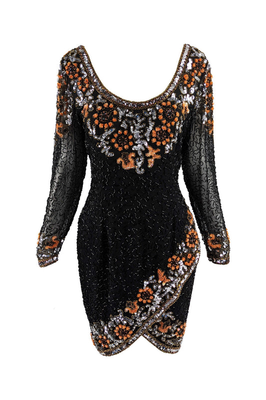 Oleg Cassini Vintage Black & Orange Beaded Sequin Dress, 1980s