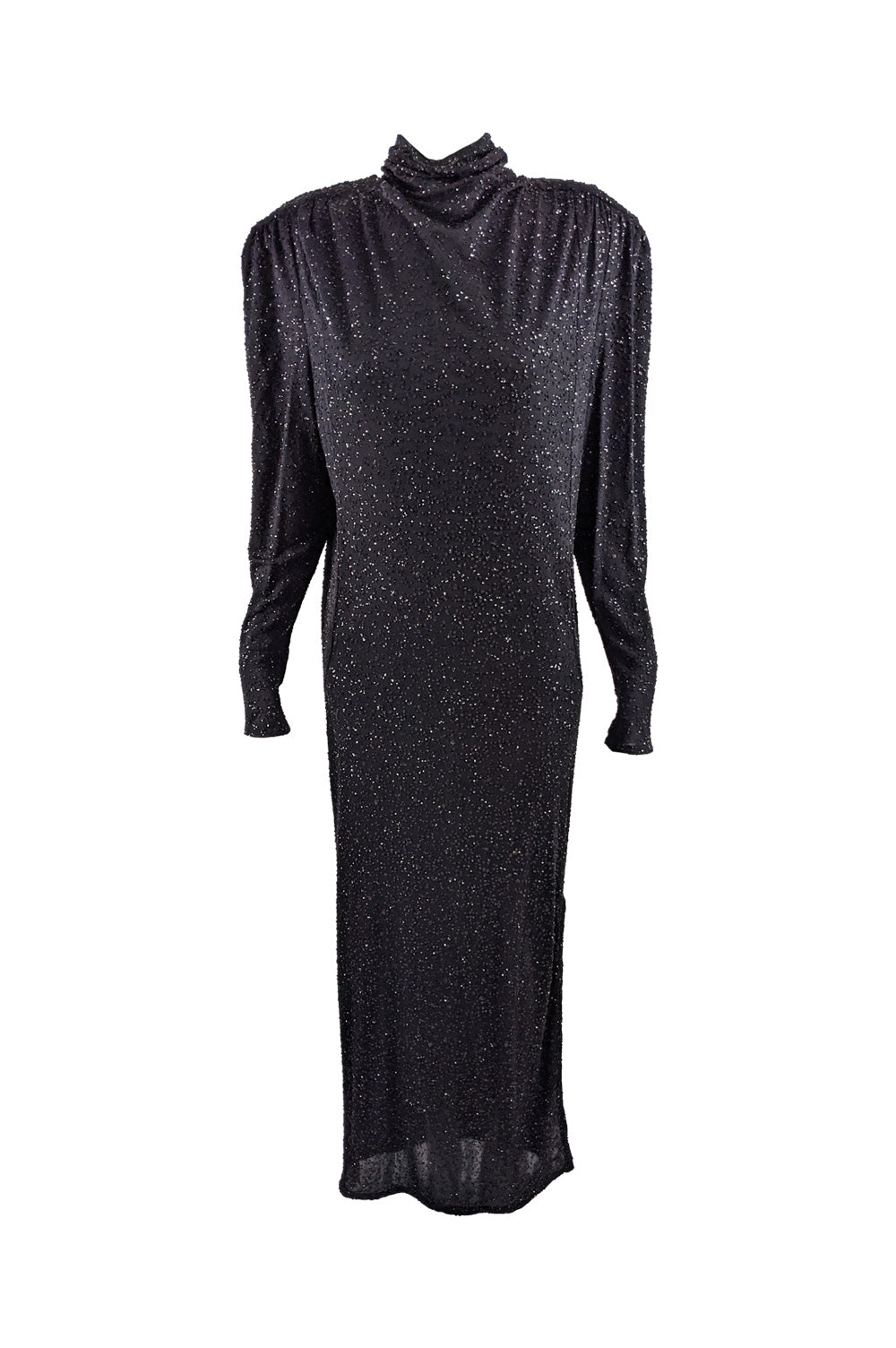 Vintage Shoulder Padded Black Glittery Backless Dress, 1980s