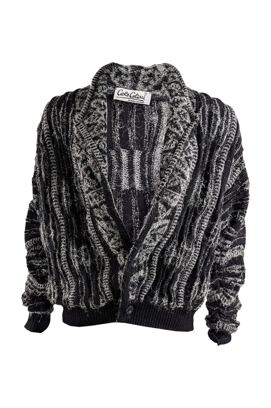Mens Vintage Black & Silver Textured Fuzzy Knit Jacket, 1980s
