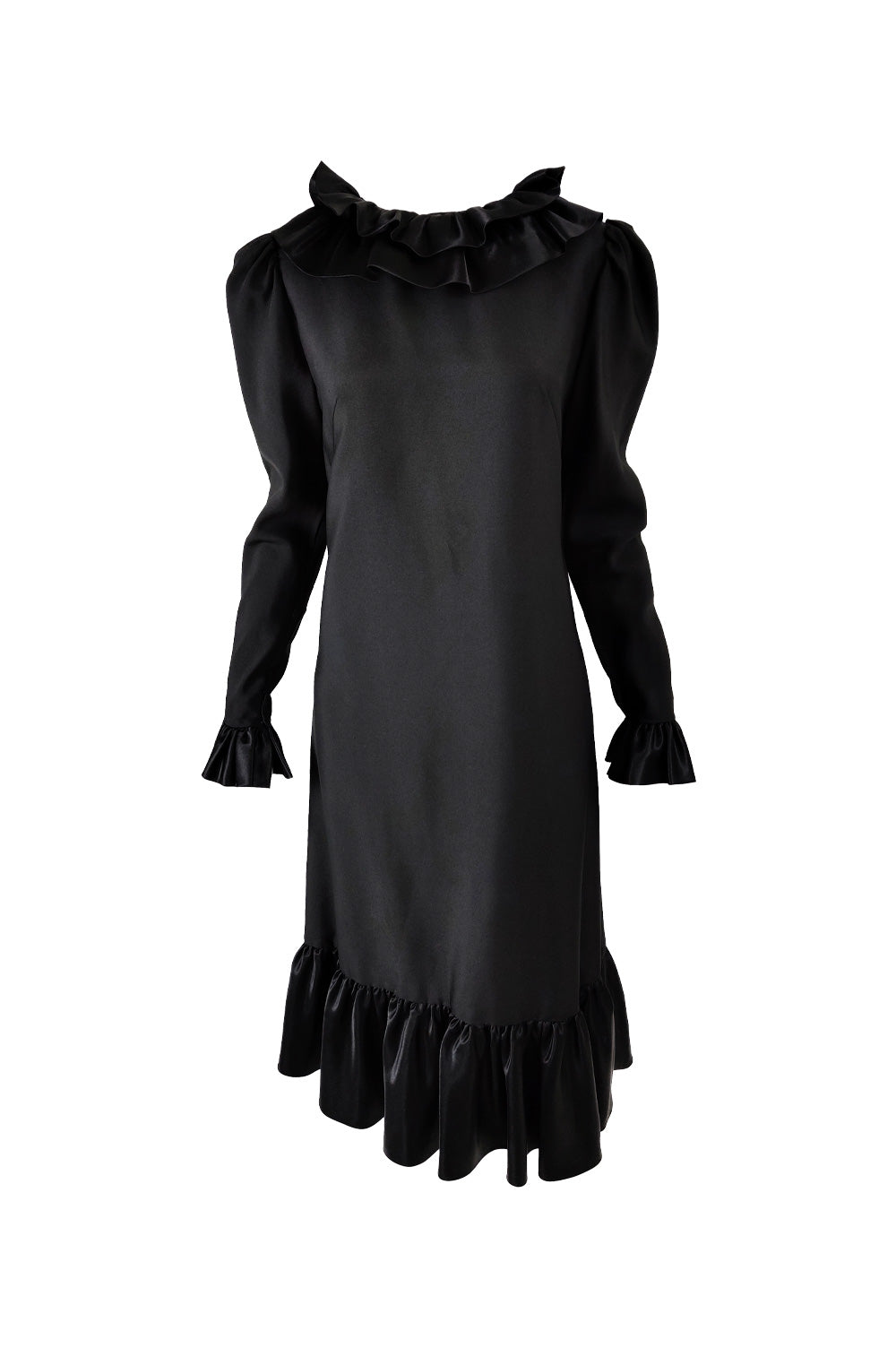 Jean Allen Vintage Black Ruffle Collar Shift Dress, 1970s