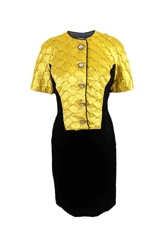 Murray Arbeid Vintage Black Velvet & Yellow Satin Cocktail Dress, 1980s