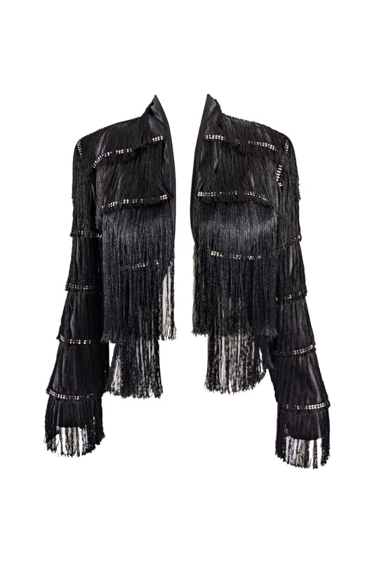 Vintage Black Satin Fringed Bolero Jacket, 1990s