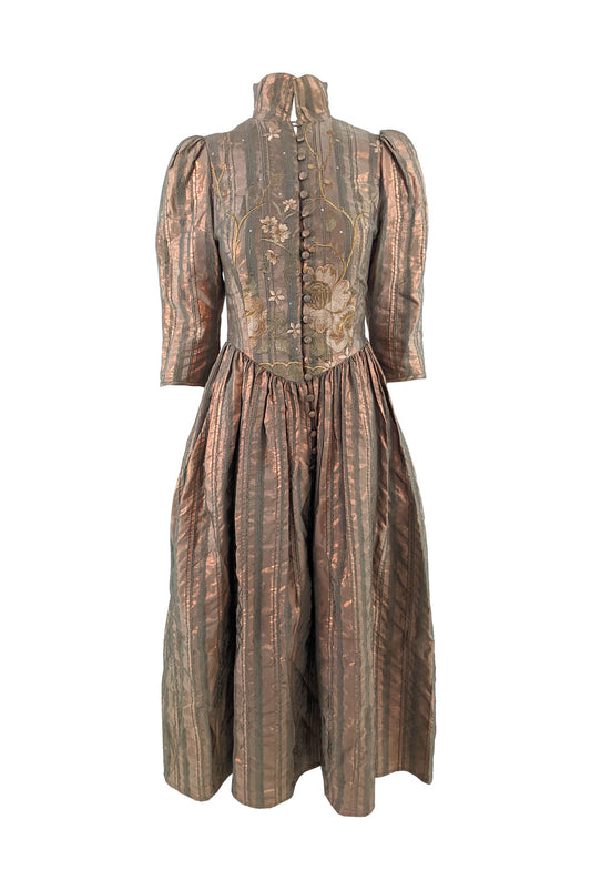 Caroline Charles Vintage Pale Metallic Bronze Embroidered Dress, 1980s